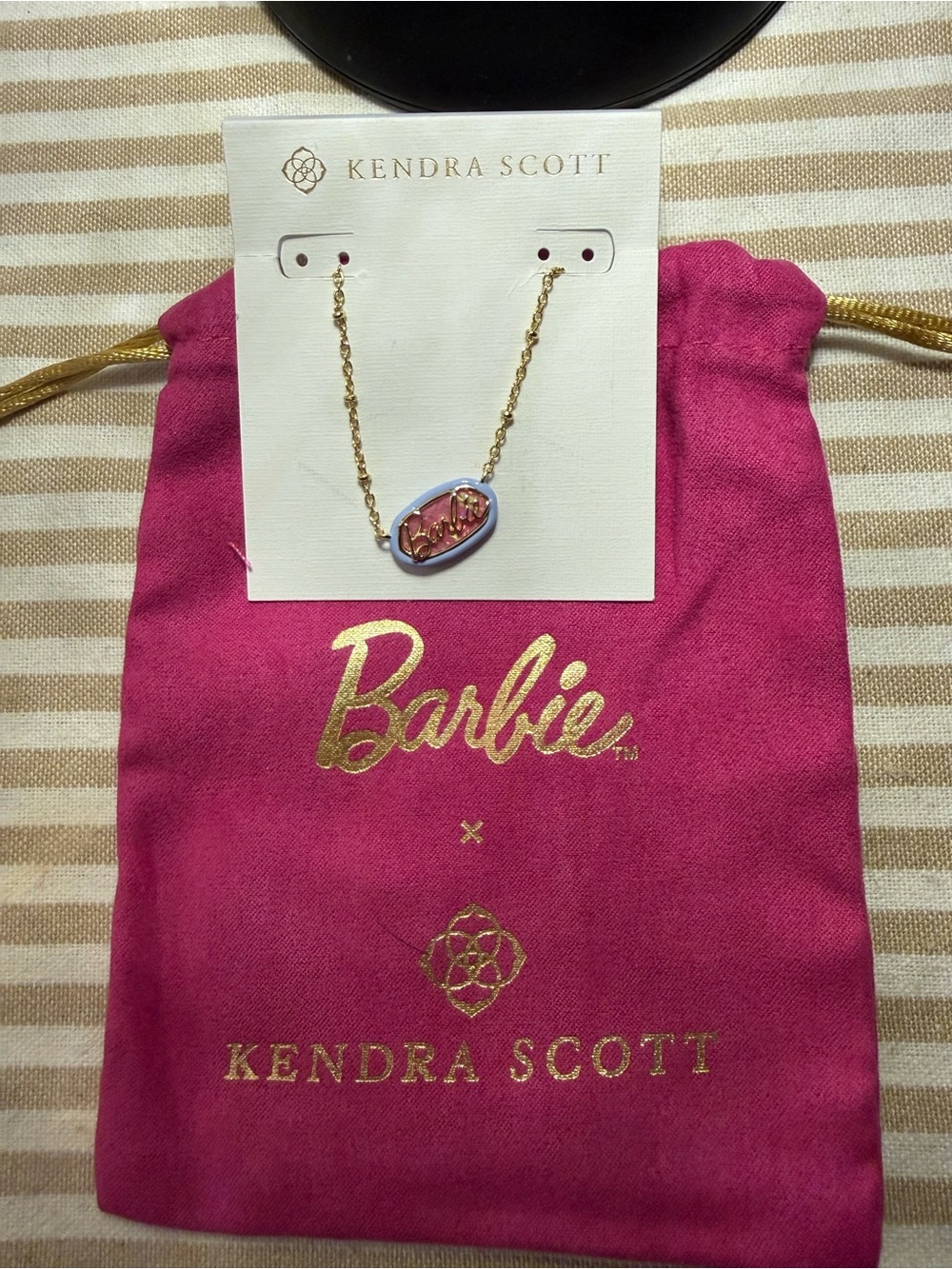 Barbie Pink and Gold Logo Pendant Necklace by Kendra Scott